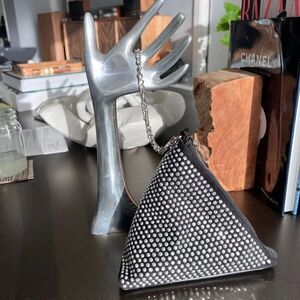 Black Triangular Studded Pouch with Silver Chain Zipper